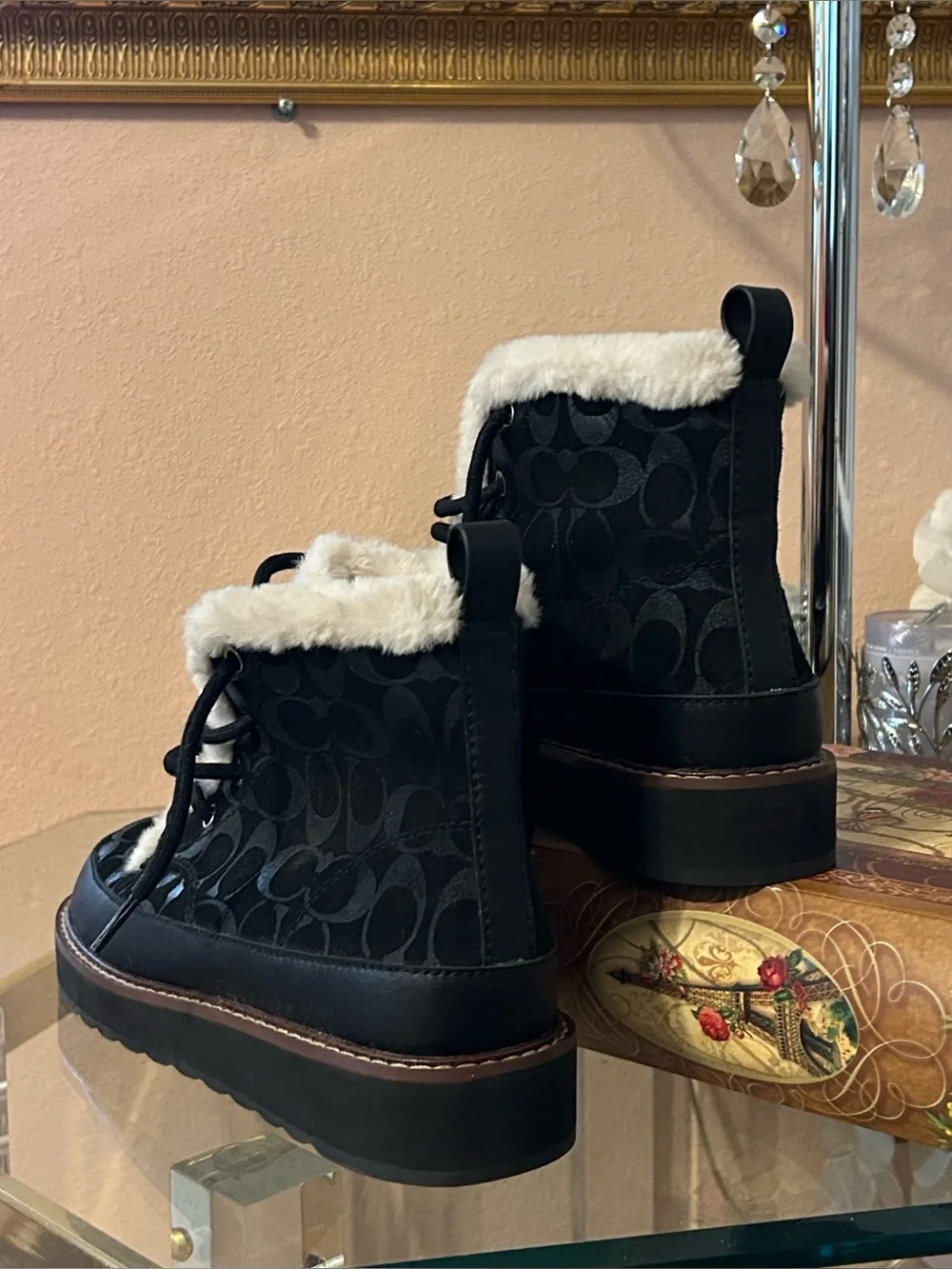 Coach Signature Imani Black White Ankle Booties with Faux Fur Trim Size 8.5